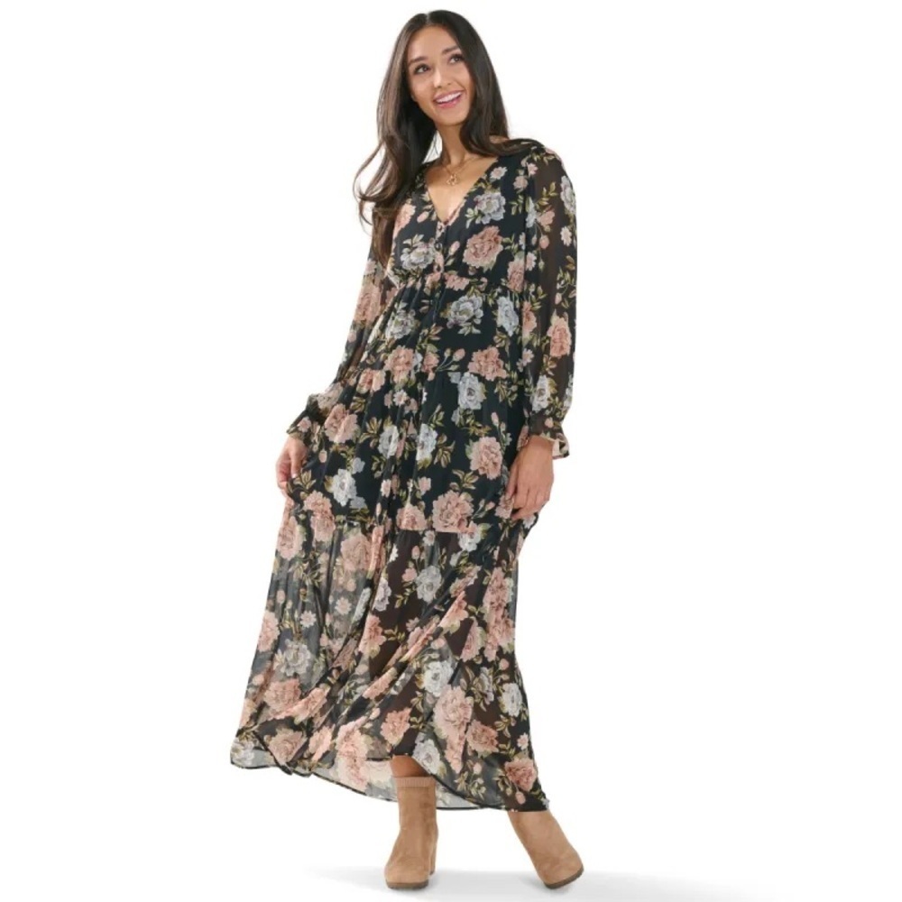 By The River Anthropologie Floral Sheer Long Sleeve Button-Down Maxi Dress